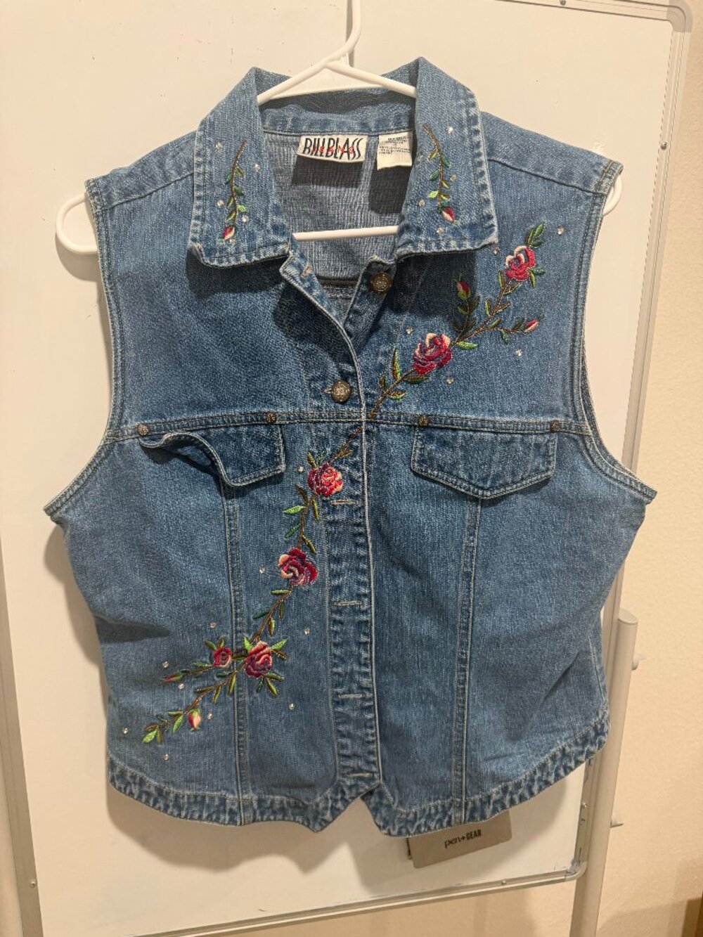 Bill Bass Jeans Denim Vest Red Floral with Rhinestones size S
